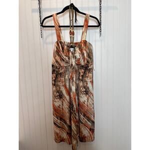 Dress barn Brown Orange Swirl Print Sweetheart Beaded Embellishments Sundress 14